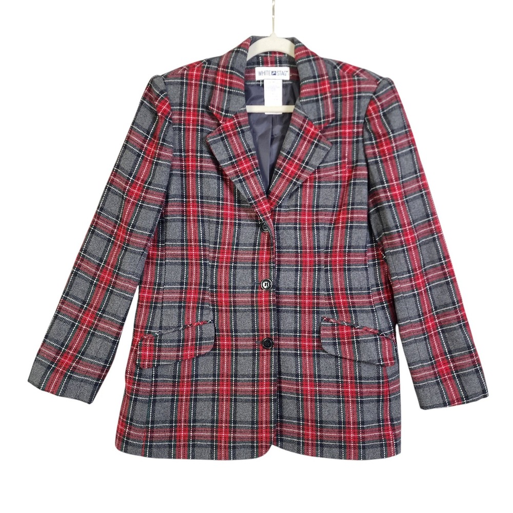 White Stag Womens Vintage Tartan Plaid Wool Blend Blazer Jacket Size 10 Red Gray